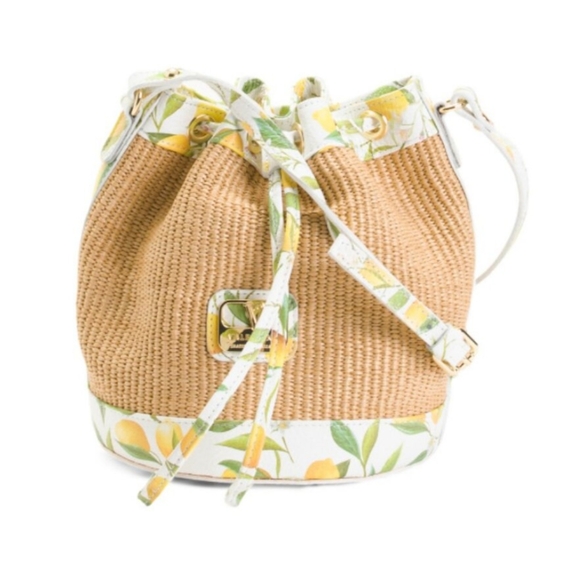 Valentina Raffia Lemon Leather Trim Woven Bucket Bag - Picture 8 of 9